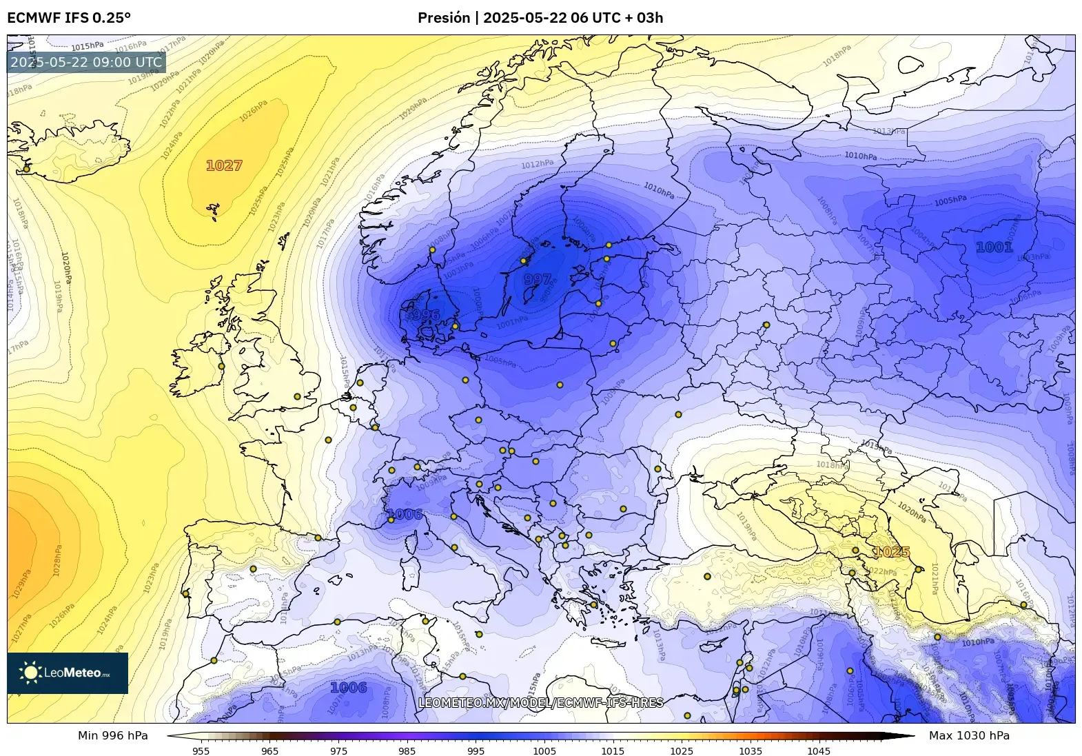 ECMWF IFS 0.25° model - Europa, Presión