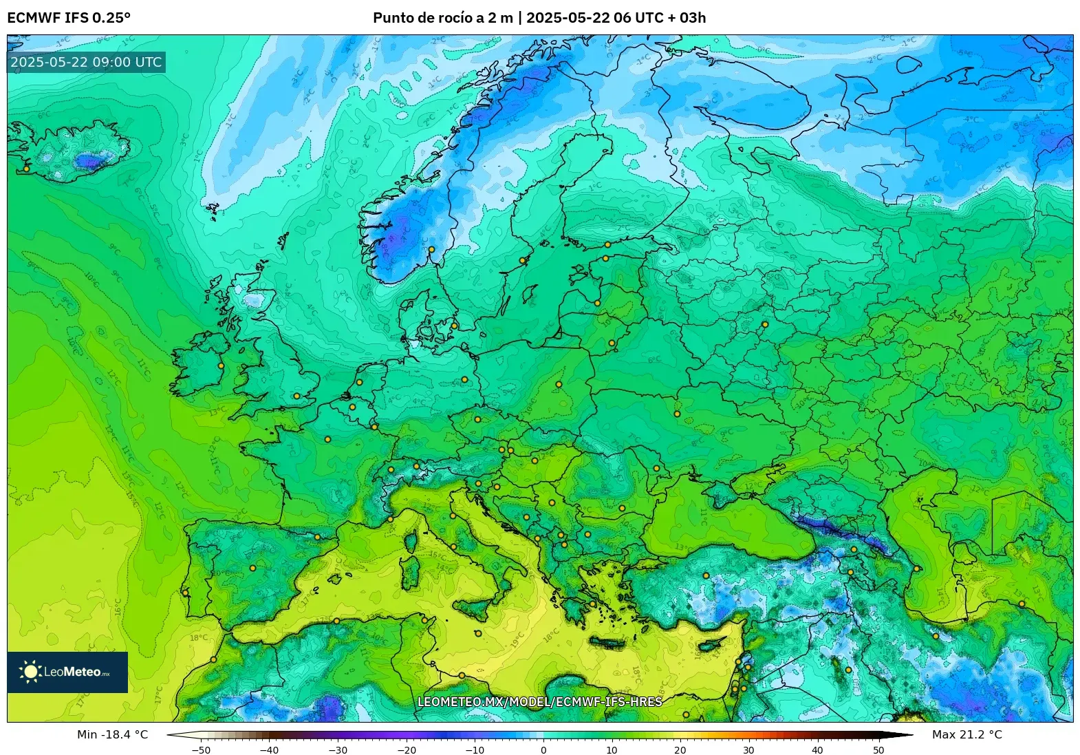 ECMWF IFS 0.25° model - Europa, Punto de rocío a 2 m