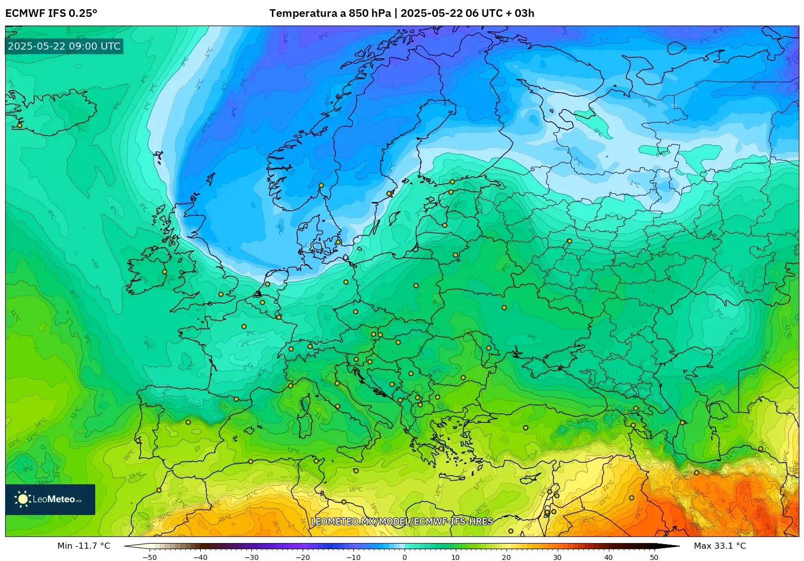 ECMWF IFS 0.25° model - Europa, Temperatura a 850 hPa