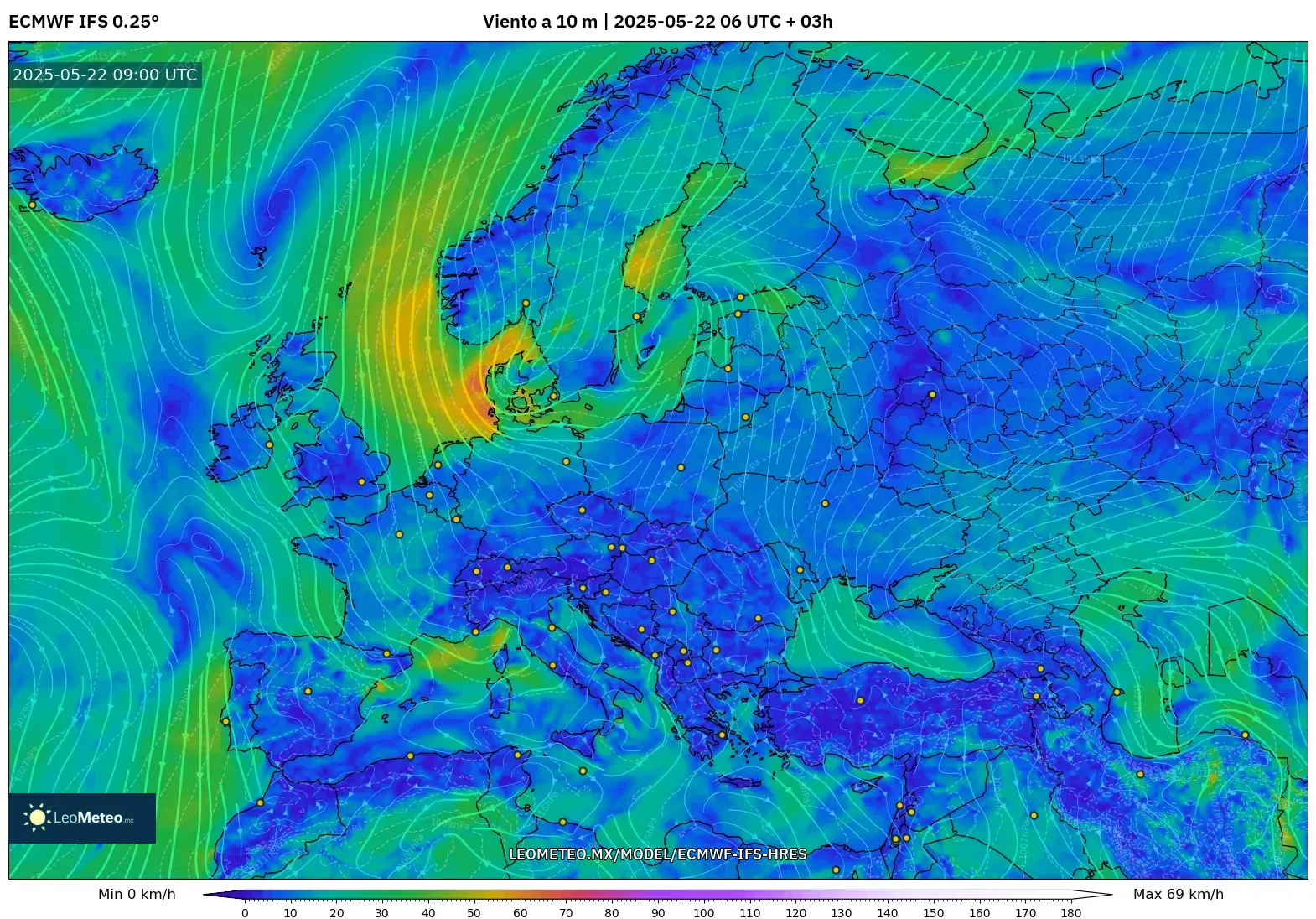 ECMWF IFS 0.25° model - Europa, Viento a 10 m