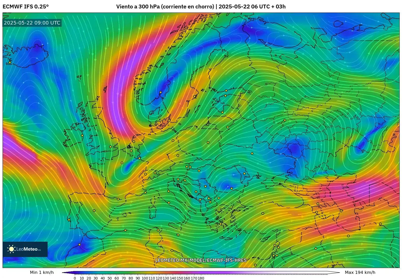 ECMWF IFS 0.25° model - Europa, Viento a 300 hPa (corriente en chorro)