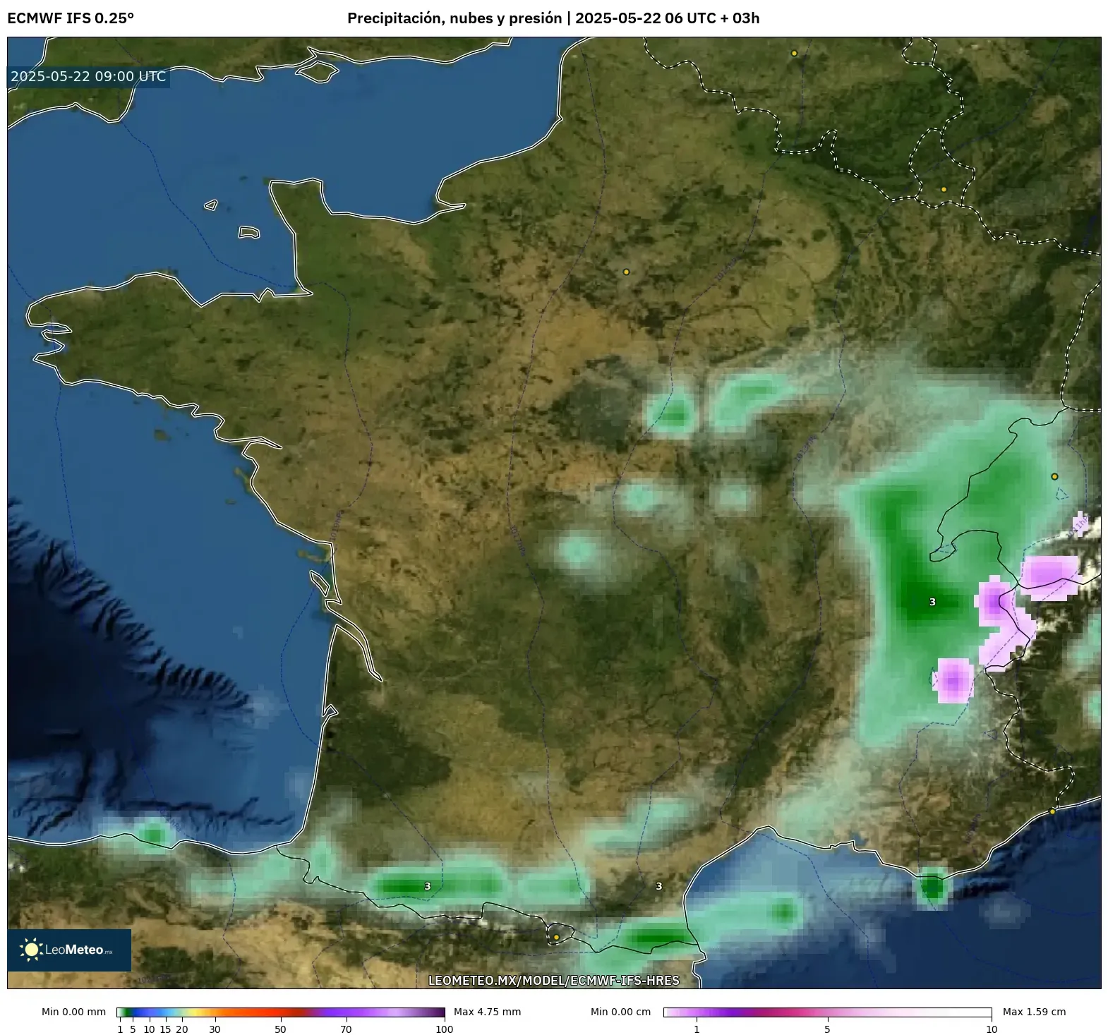 ECMWF IFS 0.25° model - Francia, Precipitación, nubes y presión ECMWF IFS 0.25° model - Francia, Precipitación, nubes y presión