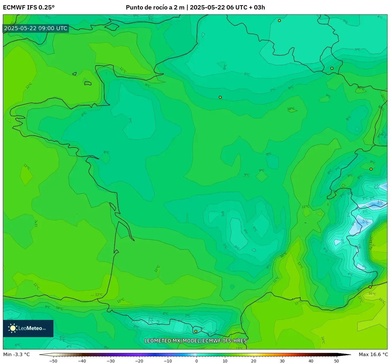 ECMWF IFS 0.25° model - Francia, Punto de rocío a 2 m ECMWF IFS 0.25° model - Francia, Punto de rocío a 2 m