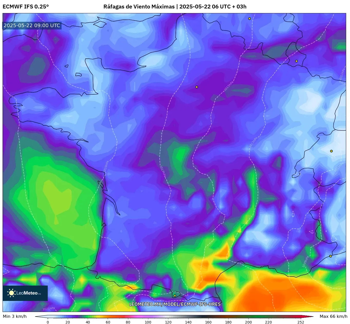 ECMWF IFS 0.25° model - Francia, Ráfagas de Viento Máximas ECMWF IFS 0.25° model - Francia, Ráfagas de Viento Máximas