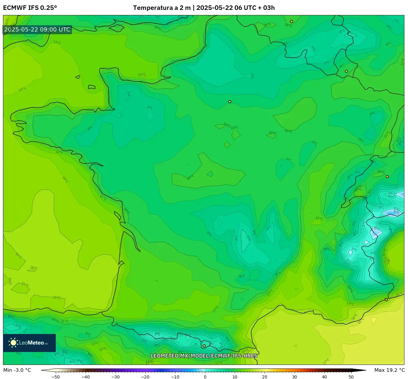 ECMWF IFS 0.25° model - Francia, Temperatura a 2 m ECMWF IFS 0.25° model - Francia, Temperatura a 2 m