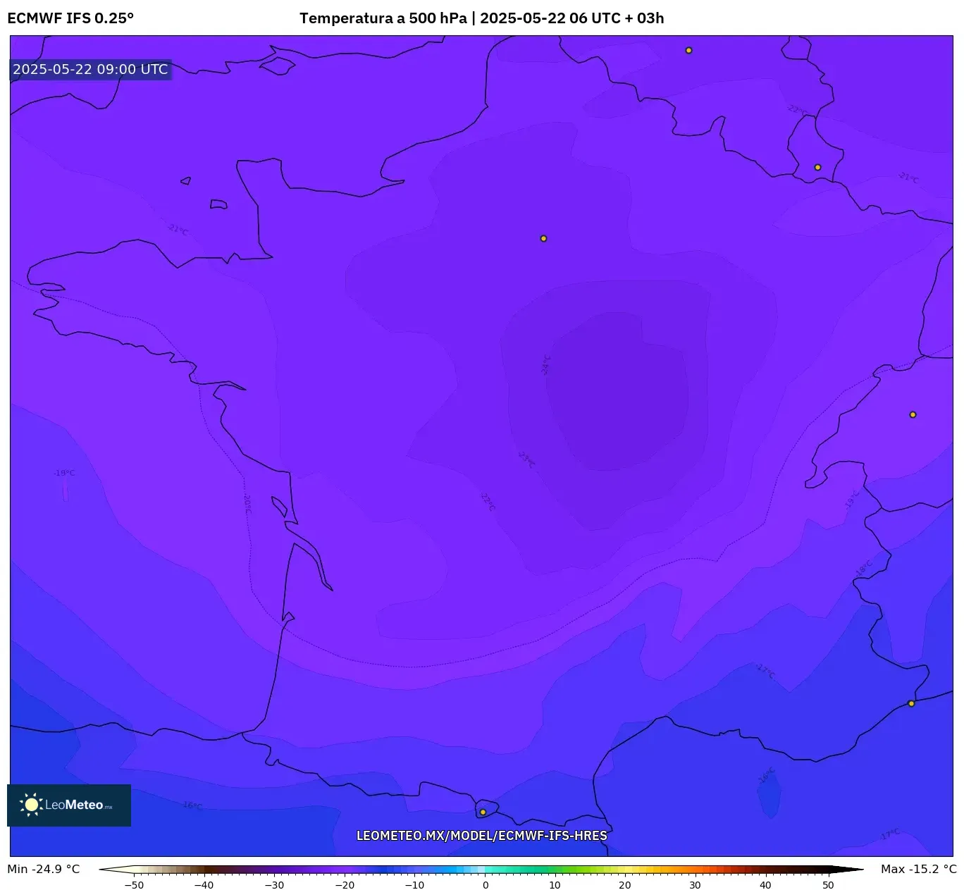 ECMWF IFS 0.25° model - Francia, Temperatura a 500 hPa ECMWF IFS 0.25° model - Francia, Temperatura a 500 hPa