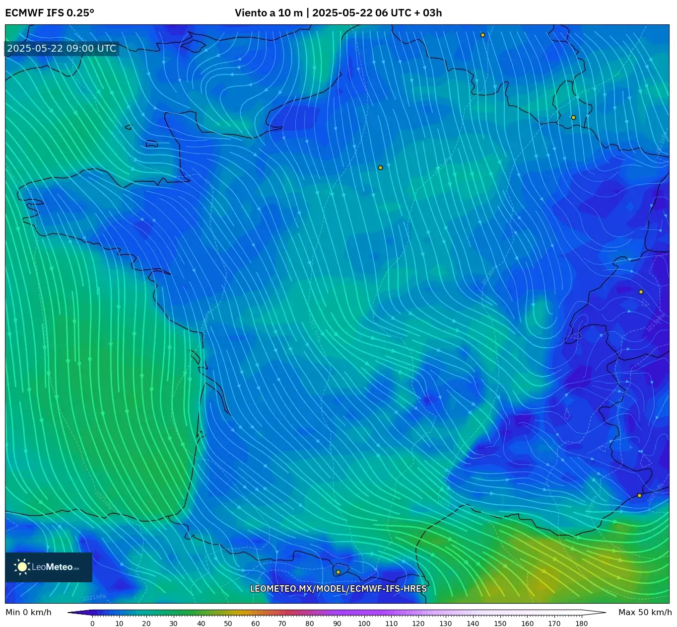 ECMWF IFS 0.25° model - Francia, Viento a 10 m ECMWF IFS 0.25° model - Francia, Viento a 10 m