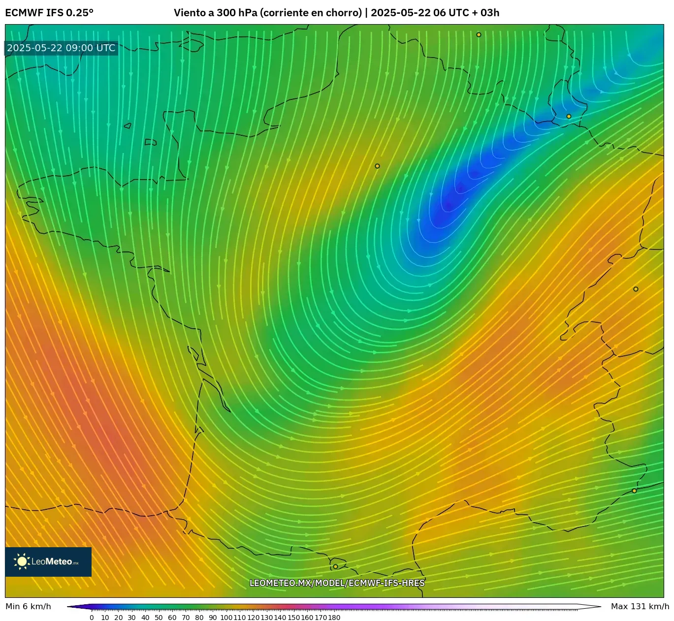 ECMWF IFS 0.25° model - Francia, Viento a 300 hPa (corriente en chorro) ECMWF IFS 0.25° model - Francia, Viento a 300 hPa (corriente en chorro)