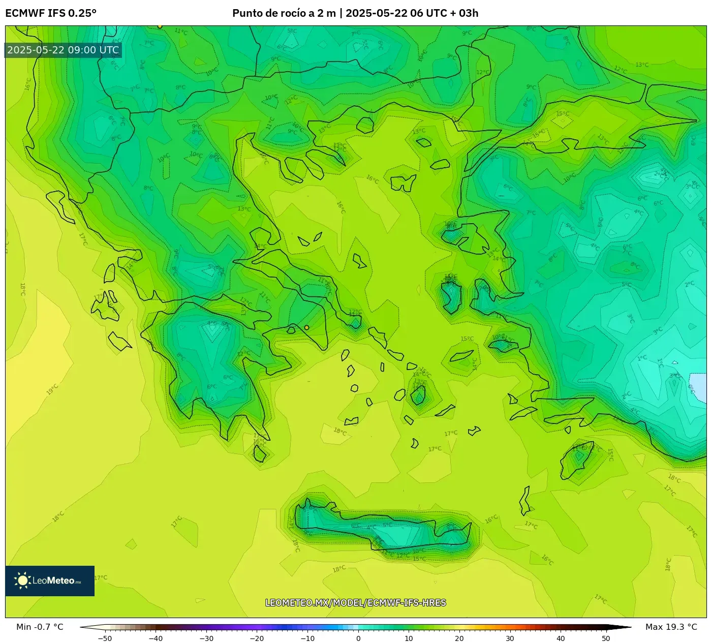 ECMWF IFS 0.25° model - Grecia, Punto de rocío a 2 m ECMWF IFS 0.25° model - Grecia, Punto de rocío a 2 m