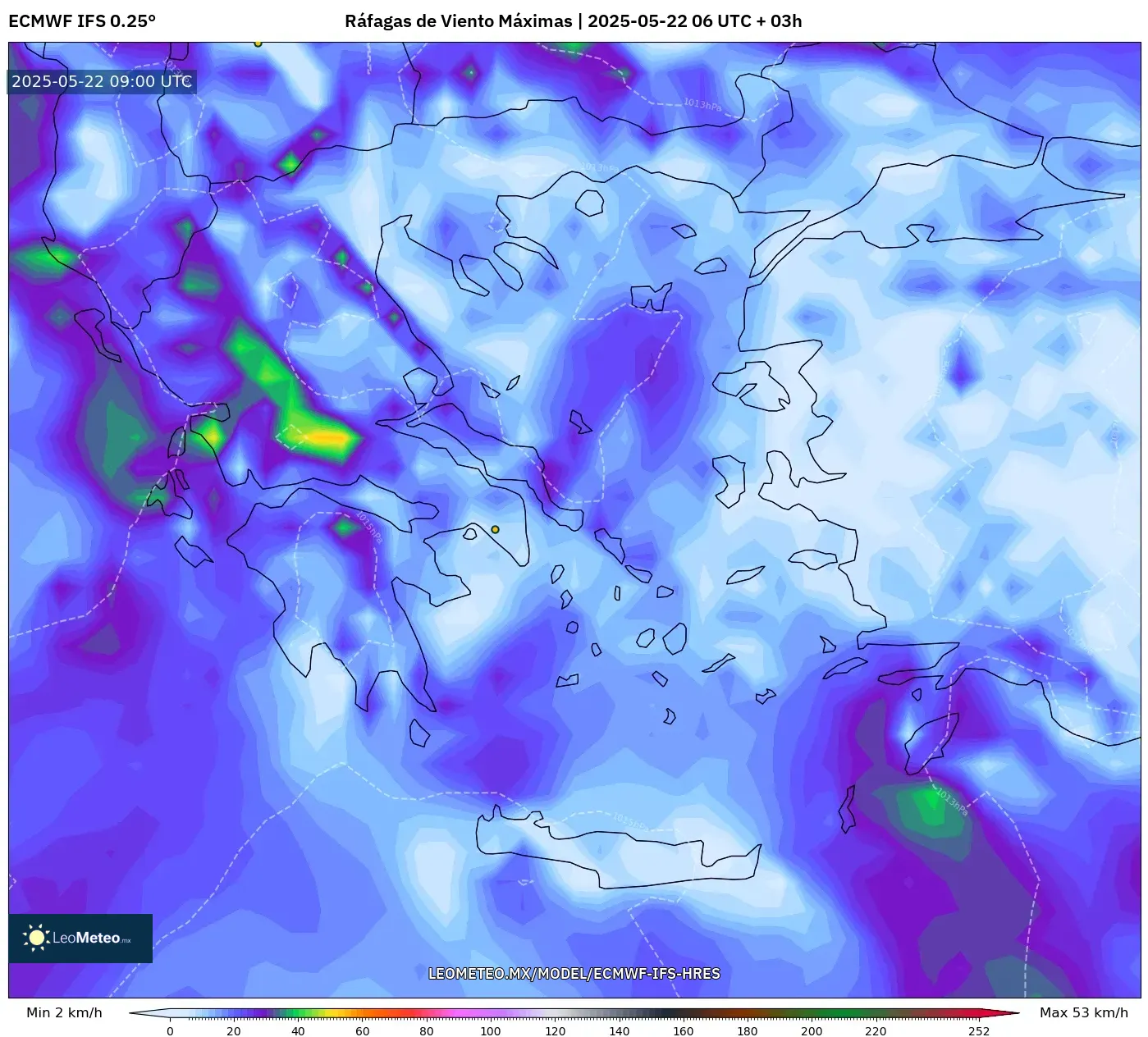 ECMWF IFS 0.25° model - Grecia, Ráfagas de Viento Máximas ECMWF IFS 0.25° model - Grecia, Ráfagas de Viento Máximas