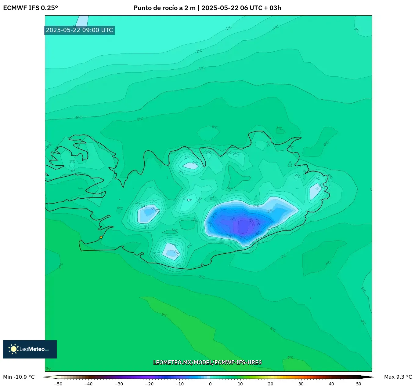 ECMWF IFS 0.25° model - Islandia, Punto de rocío a 2 m ECMWF IFS 0.25° model - Islandia, Punto de rocío a 2 m