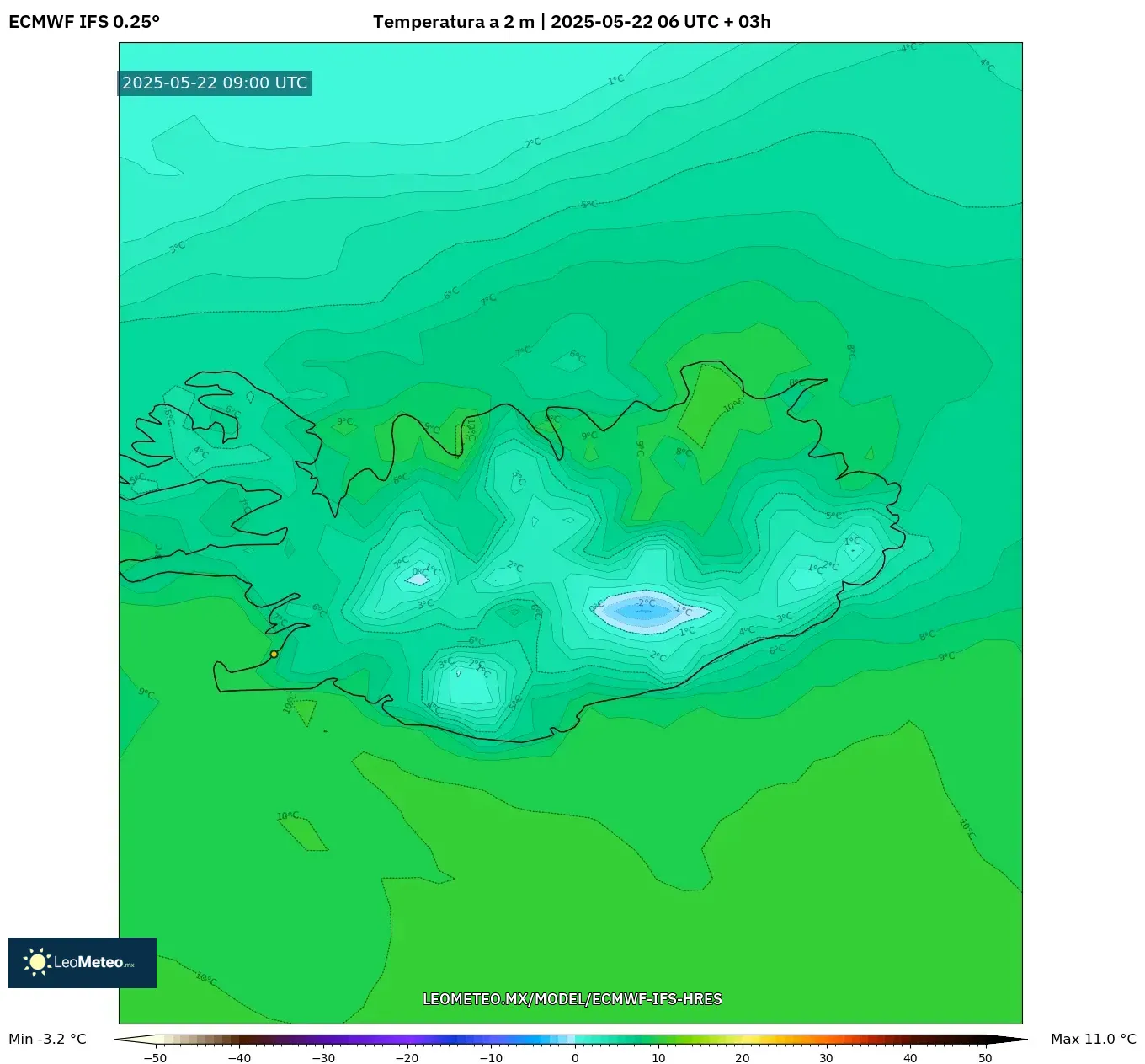 ECMWF IFS 0.25° model - Islandia, Temperatura a 2 m ECMWF IFS 0.25° model - Islandia, Temperatura a 2 m