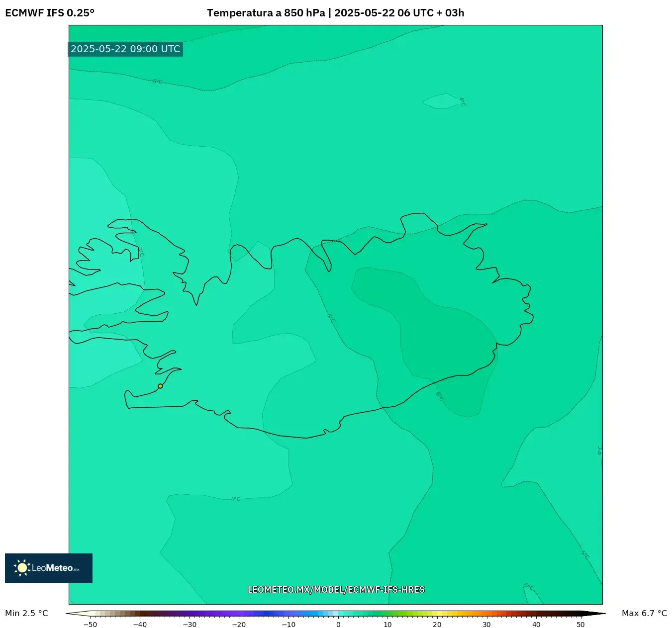 ECMWF IFS 0.25° model - Islandia, Temperatura a 850 hPa ECMWF IFS 0.25° model - Islandia, Temperatura a 850 hPa