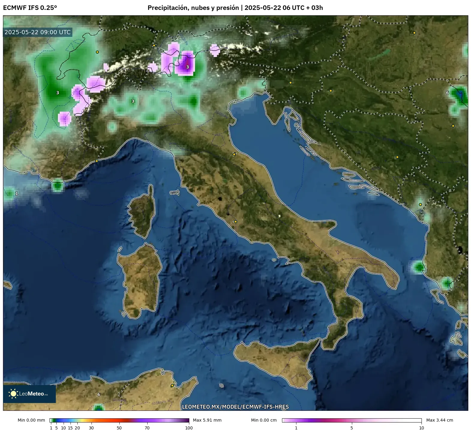 ECMWF IFS 0.25° model - Italia, Precipitación, nubes y presión ECMWF IFS 0.25° model - Italia, Precipitación, nubes y presión