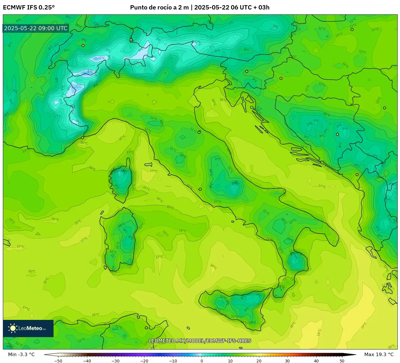 ECMWF IFS 0.25° model - Italia, Punto de rocío a 2 m ECMWF IFS 0.25° model - Italia, Punto de rocío a 2 m