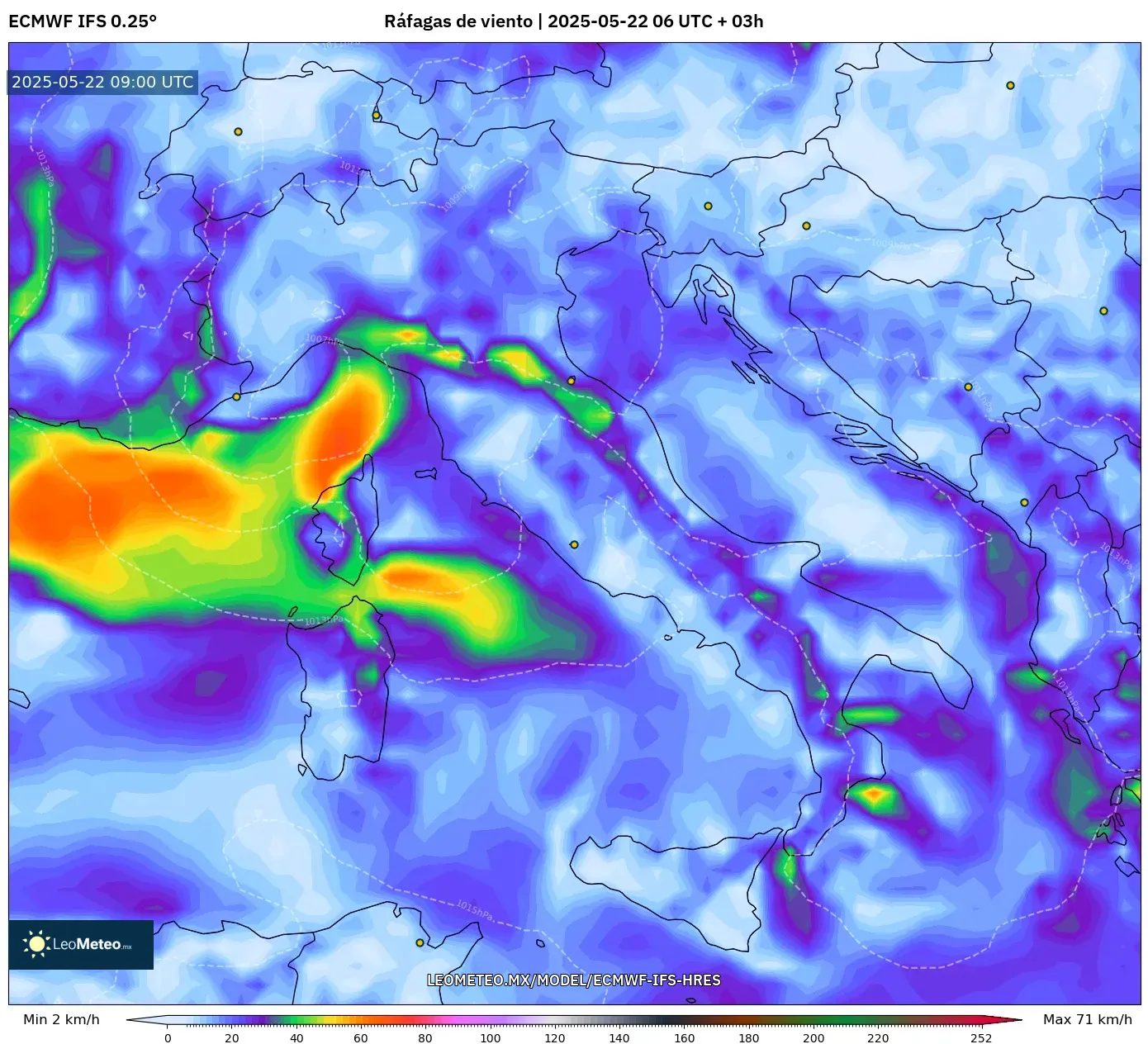 ECMWF IFS 0.25° model - Italia, Ráfagas de viento ECMWF IFS 0.25° model - Italia, Ráfagas de viento