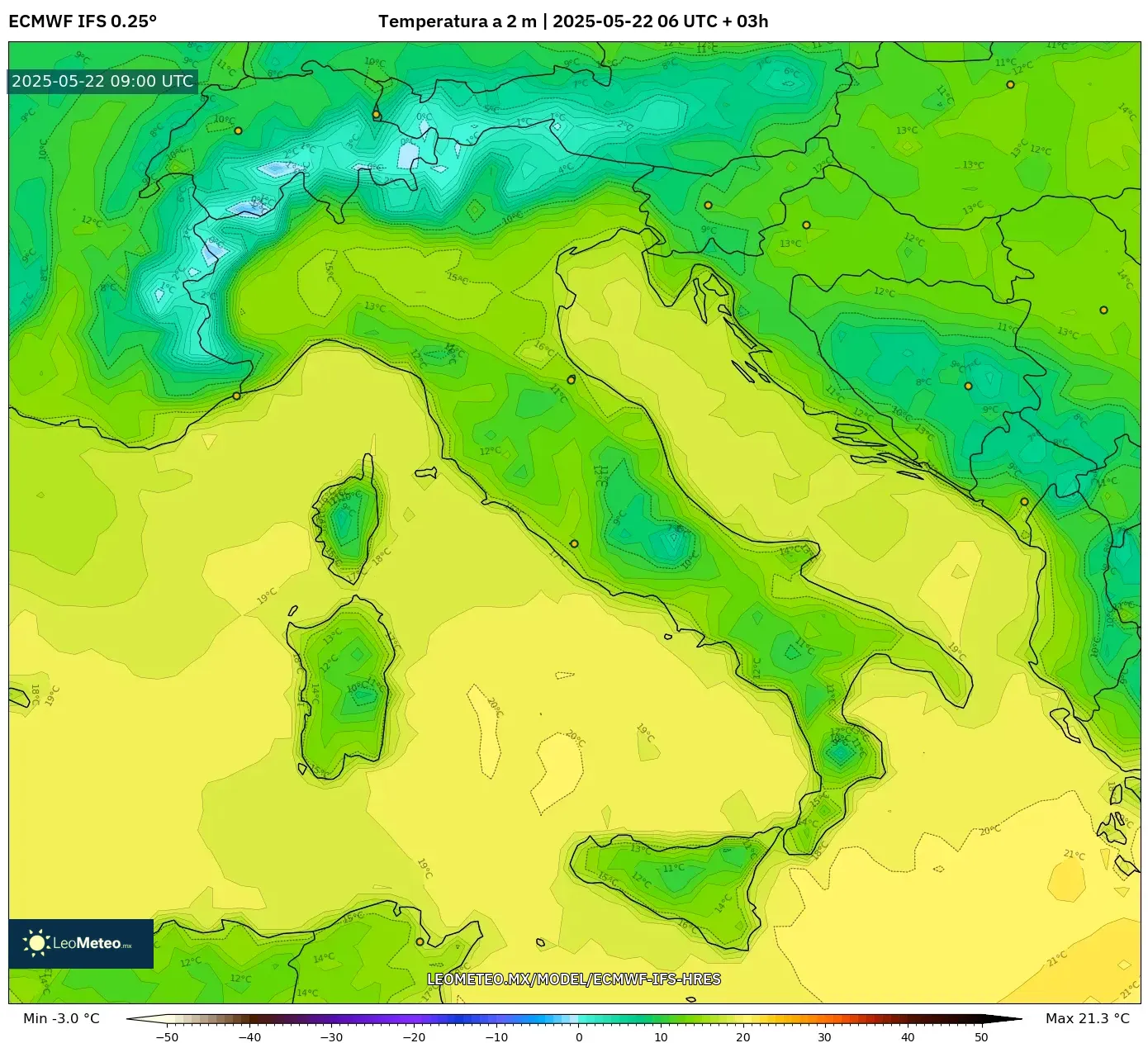 ECMWF IFS 0.25° model - Italia, Temperatura a 2 m ECMWF IFS 0.25° model - Italia, Temperatura a 2 m