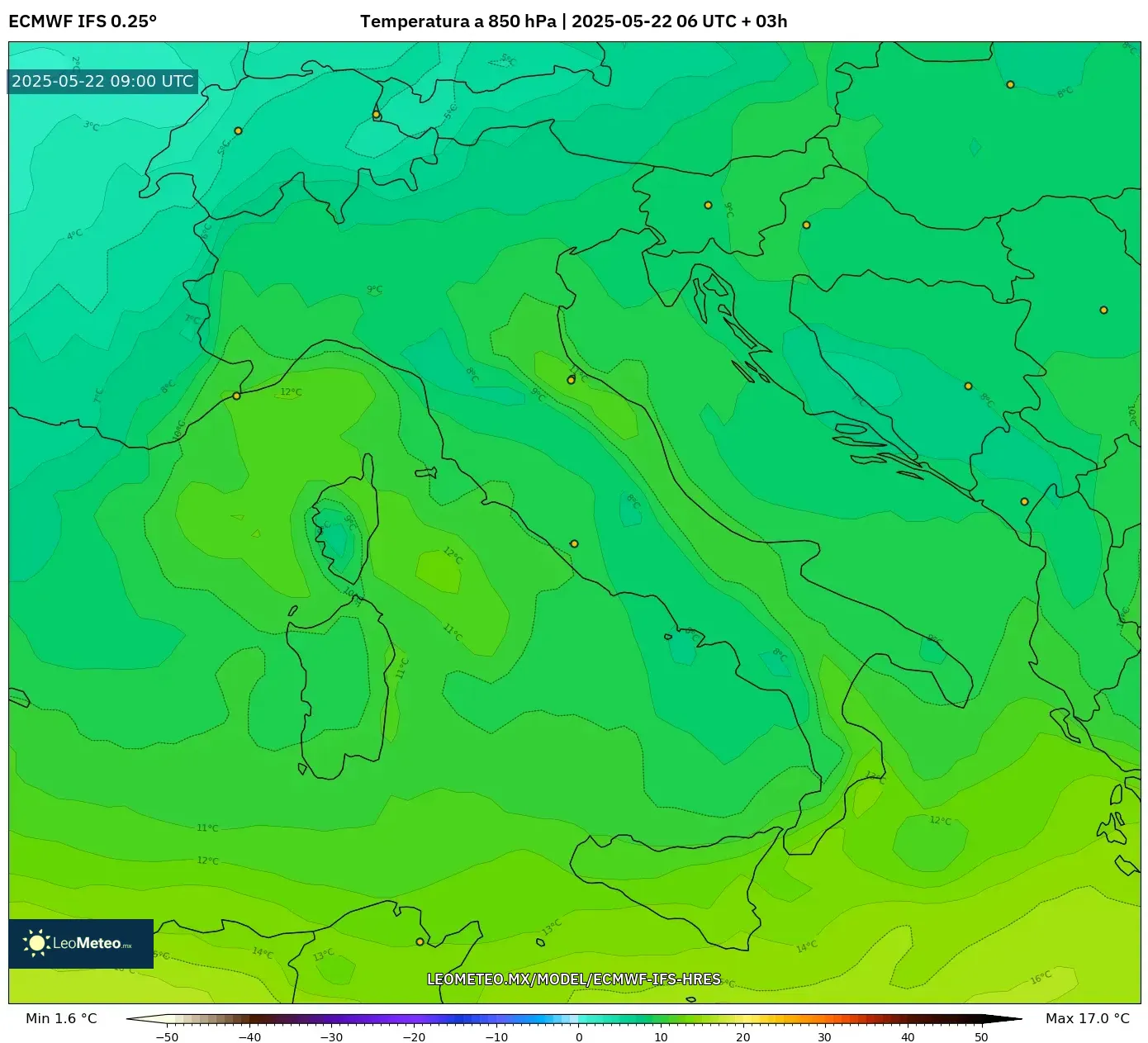 ECMWF IFS 0.25° model - Italia, Temperatura a 850 hPa ECMWF IFS 0.25° model - Italia, Temperatura a 850 hPa