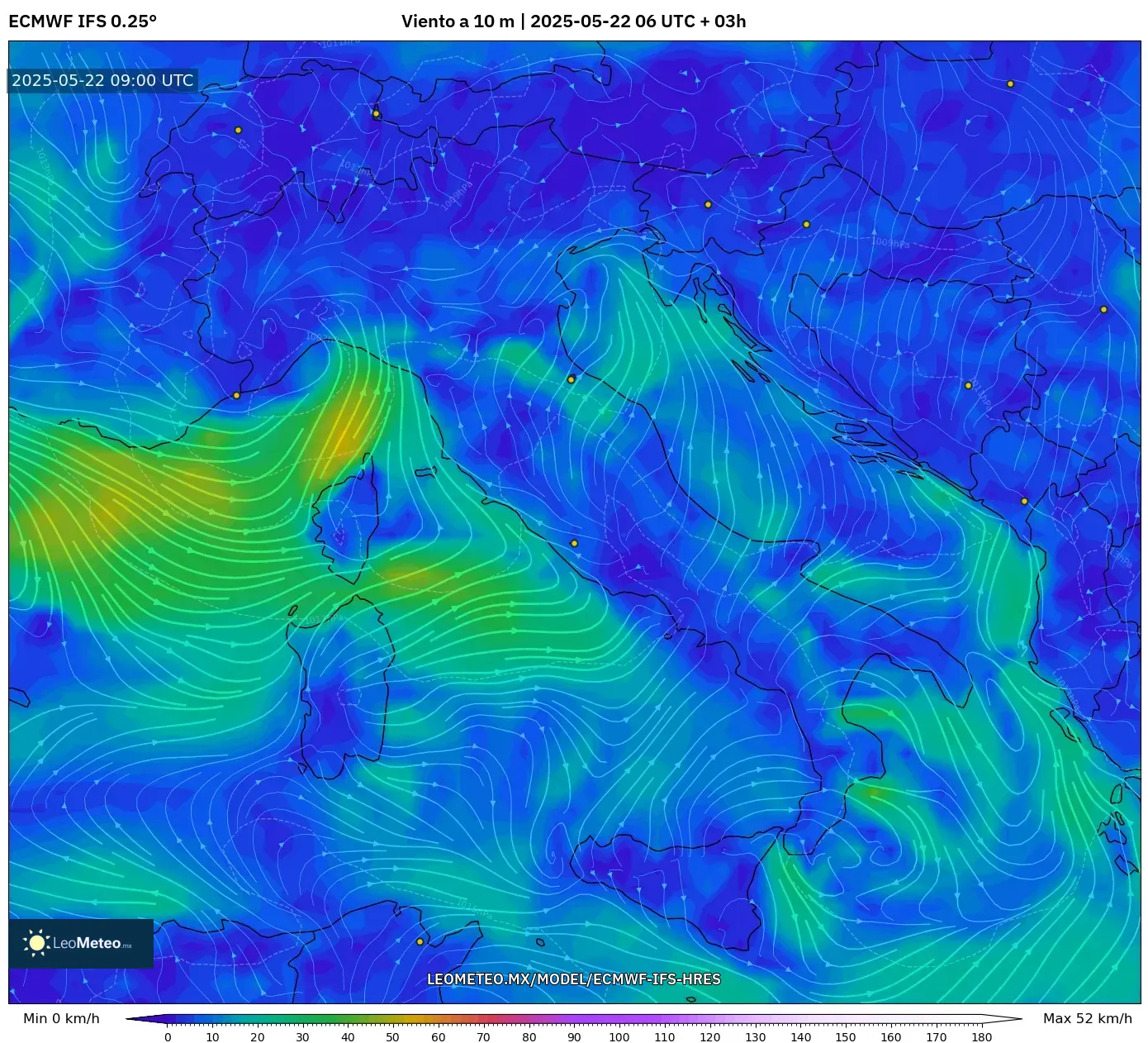 ECMWF IFS 0.25° model - Italia, Viento a 10 m ECMWF IFS 0.25° model - Italia, Viento a 10 m