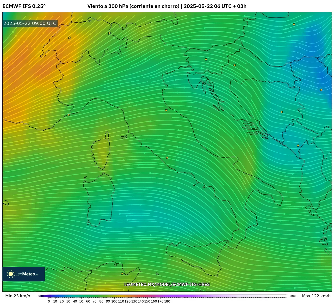 ECMWF IFS 0.25° model - Italia, Viento a 300 hPa (corriente en chorro) ECMWF IFS 0.25° model - Italia, Viento a 300 hPa (corriente en chorro)