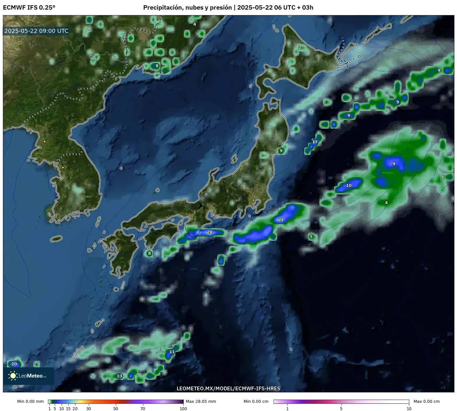 ECMWF IFS 0.25° model - Japón, Precipitación, nubes y presión ECMWF IFS 0.25° model - Japón, Precipitación, nubes y presión