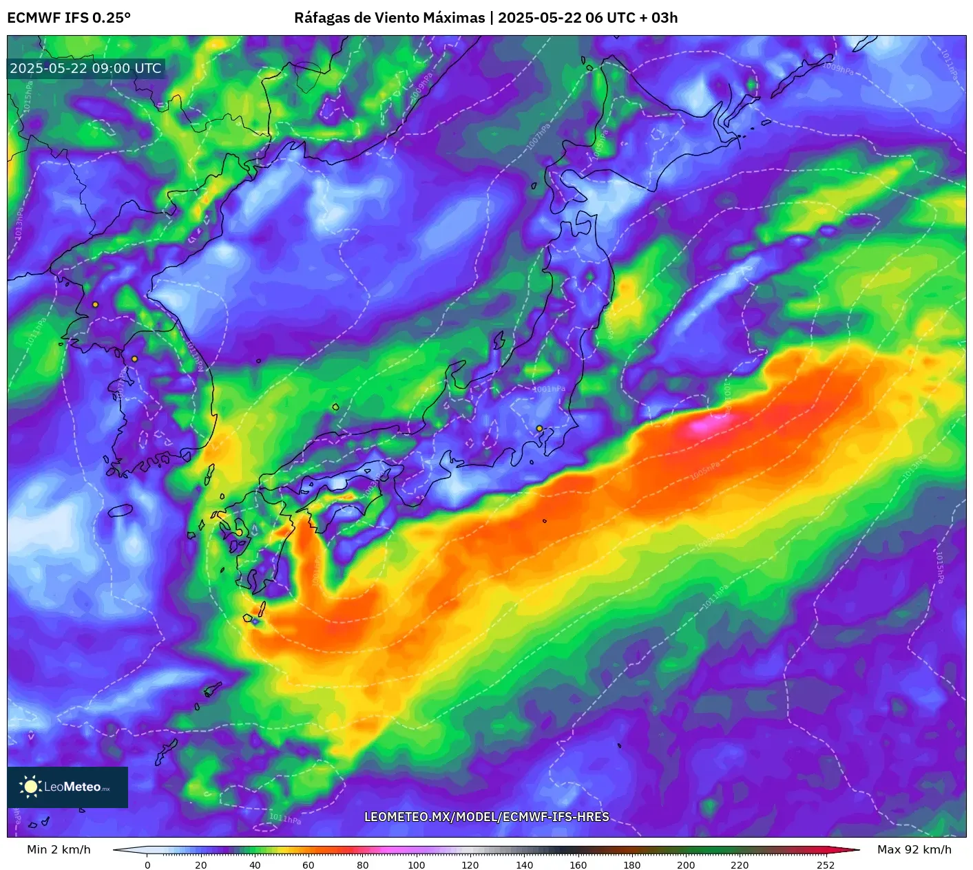 ECMWF IFS 0.25° model - Japón, Ráfagas de Viento Máximas ECMWF IFS 0.25° model - Japón, Ráfagas de Viento Máximas