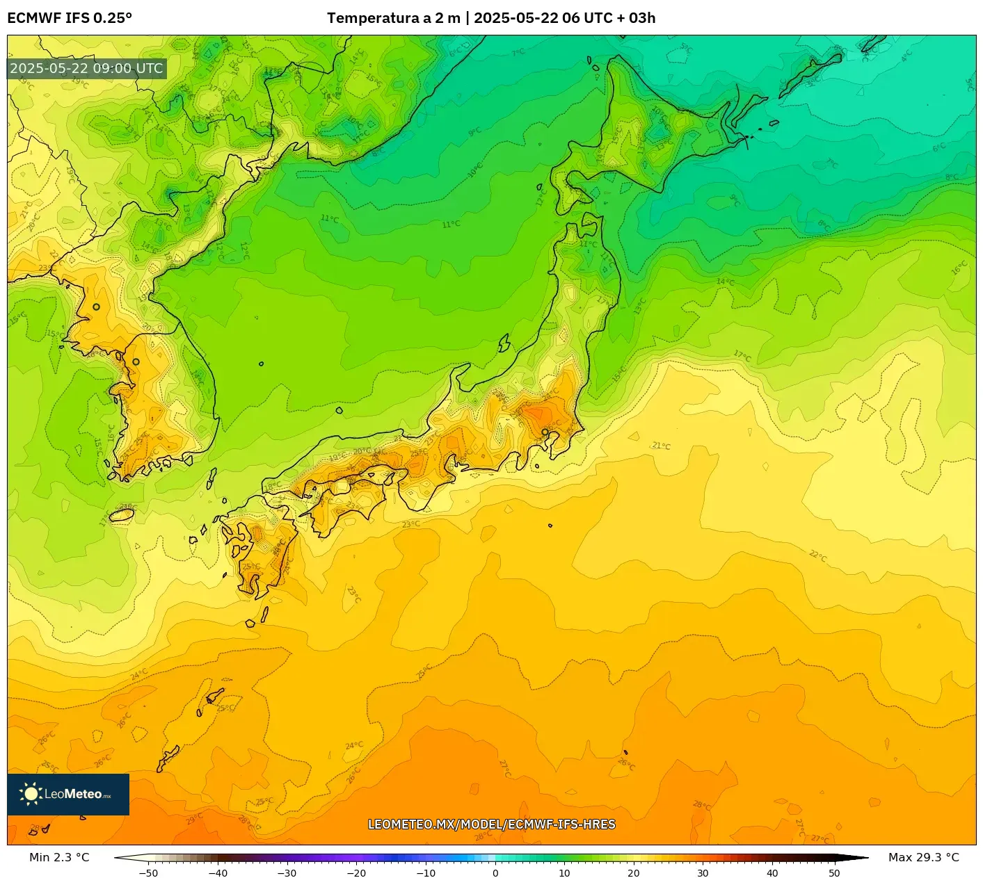 ECMWF IFS 0.25° model - Japón, Temperatura a 2 m ECMWF IFS 0.25° model - Japón, Temperatura a 2 m