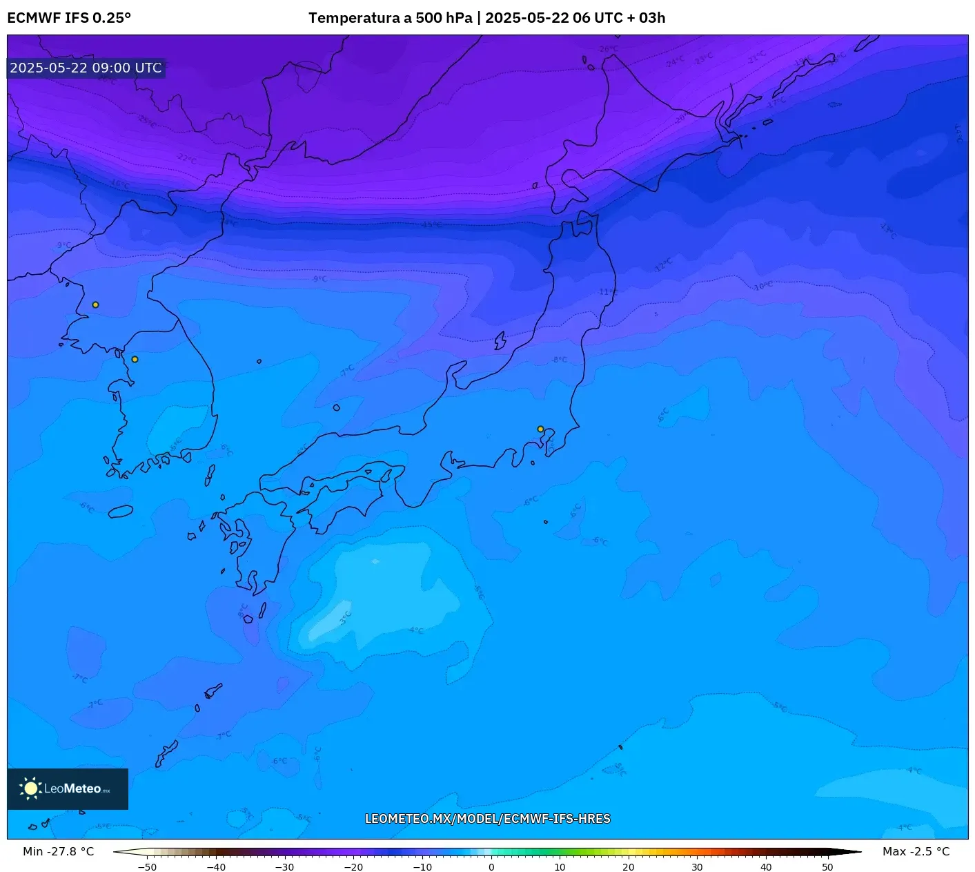 ECMWF IFS 0.25° model - Japón, Temperatura a 500 hPa ECMWF IFS 0.25° model - Japón, Temperatura a 500 hPa