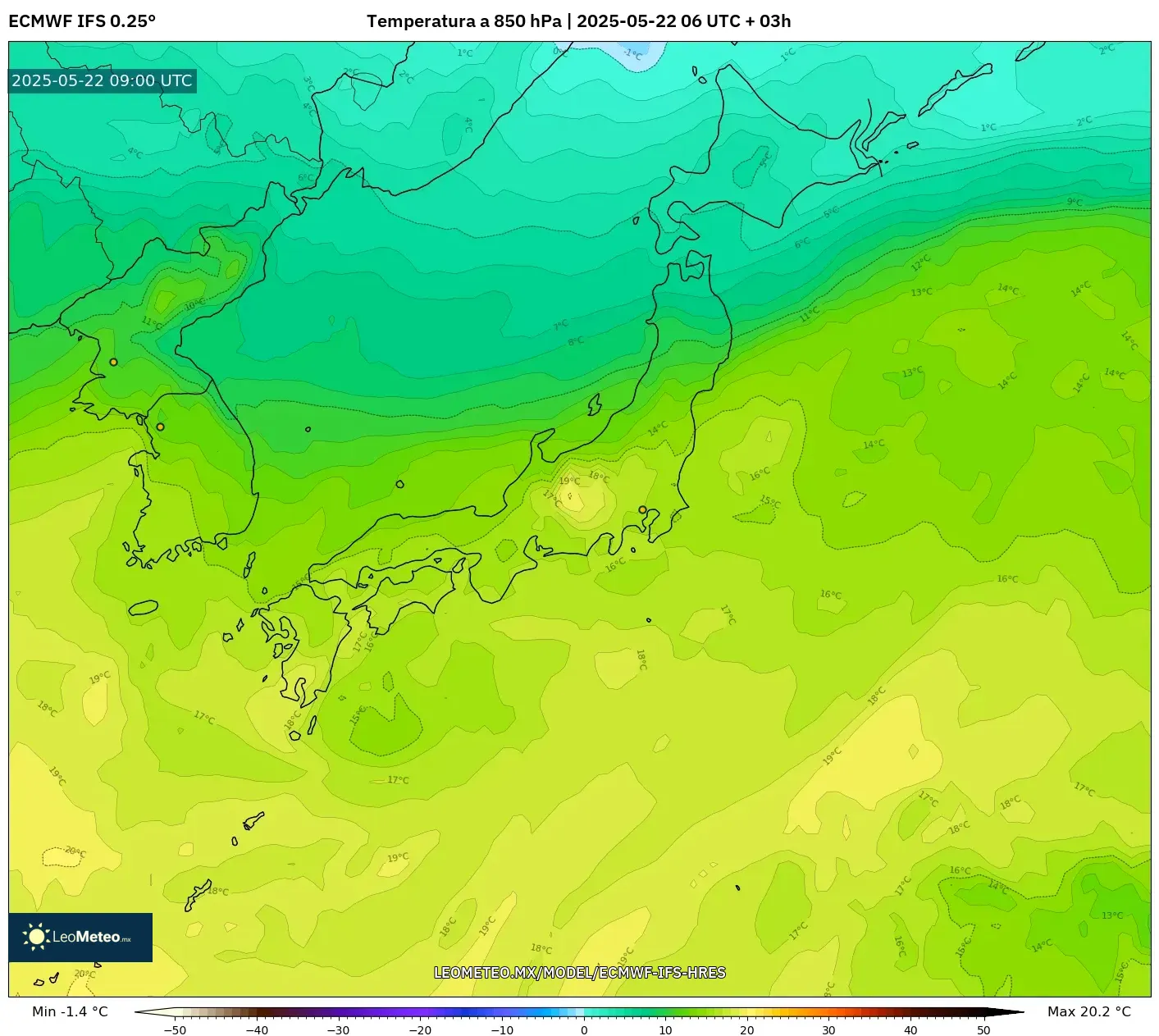 ECMWF IFS 0.25° model - Japón, Temperatura a 850 hPa ECMWF IFS 0.25° model - Japón, Temperatura a 850 hPa