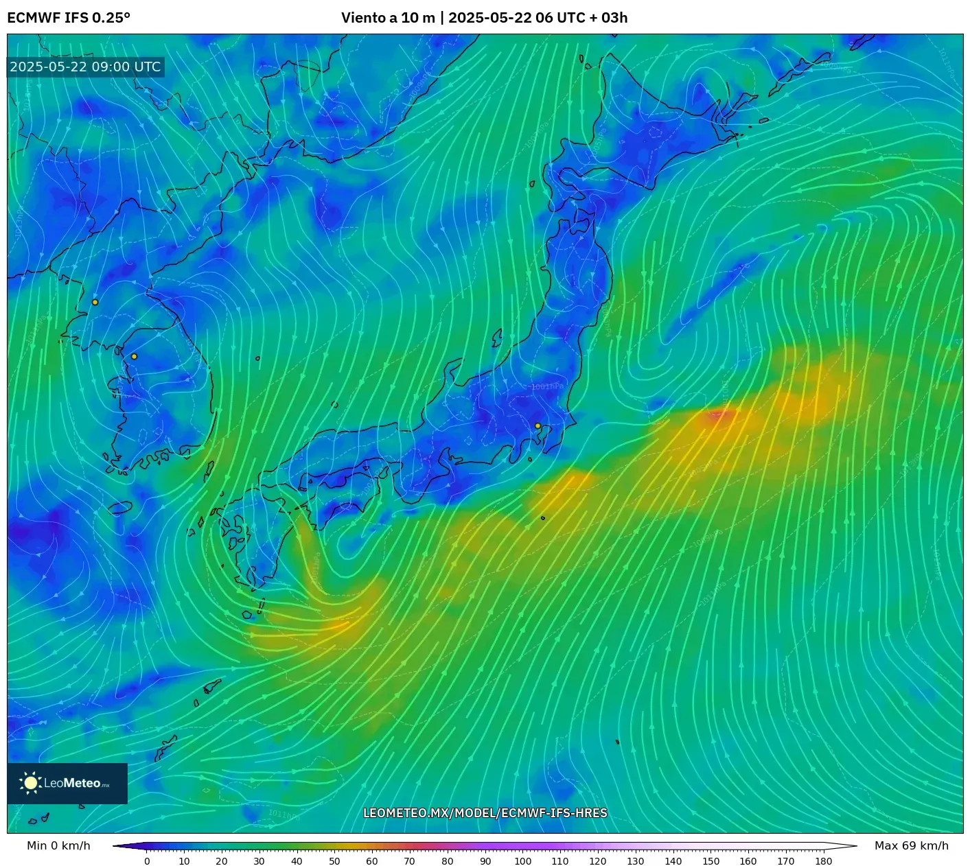 ECMWF IFS 0.25° model - Japón, Viento a 10 m ECMWF IFS 0.25° model - Japón, Viento a 10 m