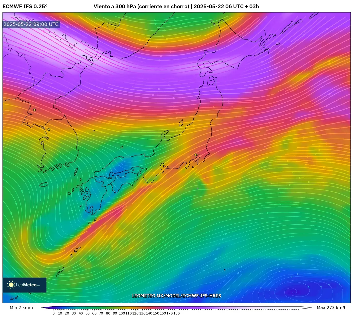 ECMWF IFS 0.25° model - Japón, Viento a 300 hPa (corriente en chorro) ECMWF IFS 0.25° model - Japón, Viento a 300 hPa (corriente en chorro)