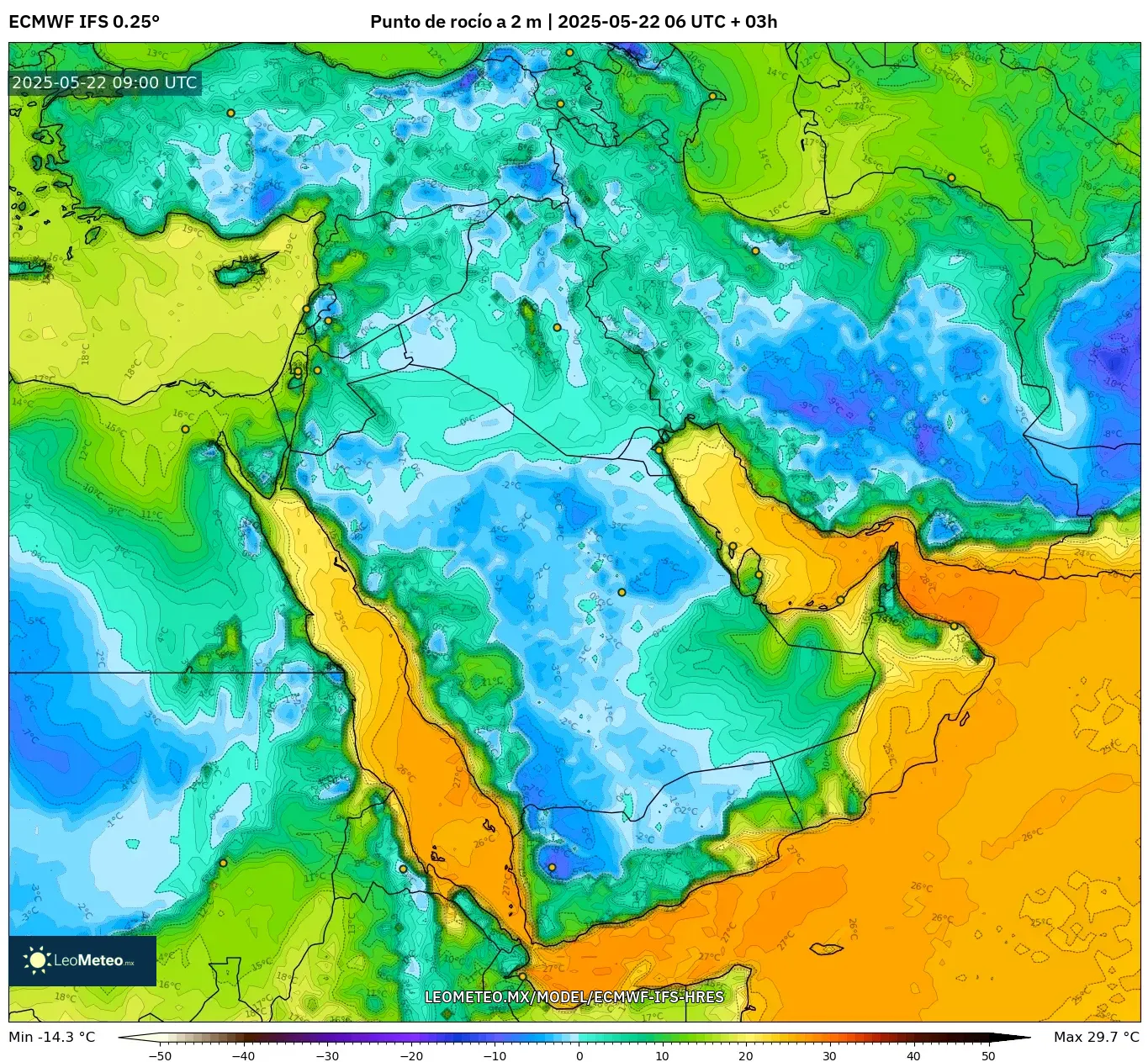 ECMWF IFS 0.25° model - Oriente Medio, Punto de rocío a 2 m ECMWF IFS 0.25° model - Oriente Medio, Punto de rocío a 2 m