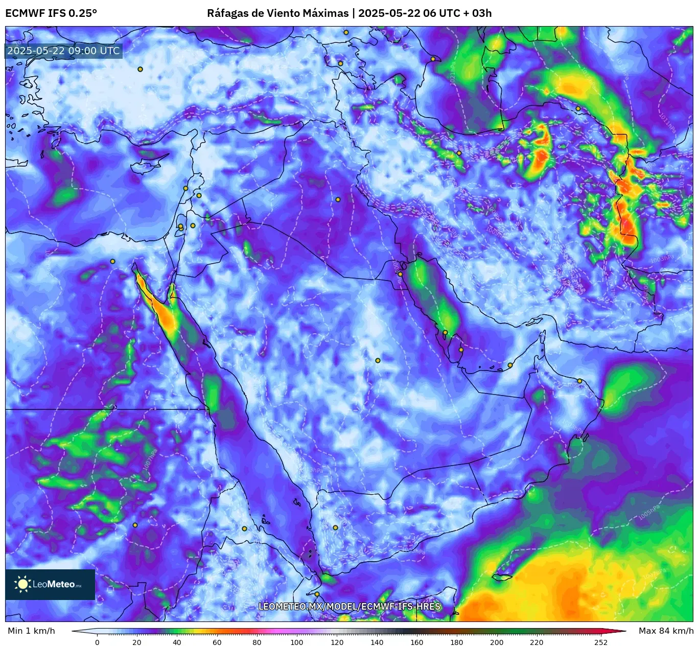ECMWF IFS 0.25° model - Oriente Medio, Ráfagas de Viento Máximas ECMWF IFS 0.25° model - Oriente Medio, Ráfagas de Viento Máximas