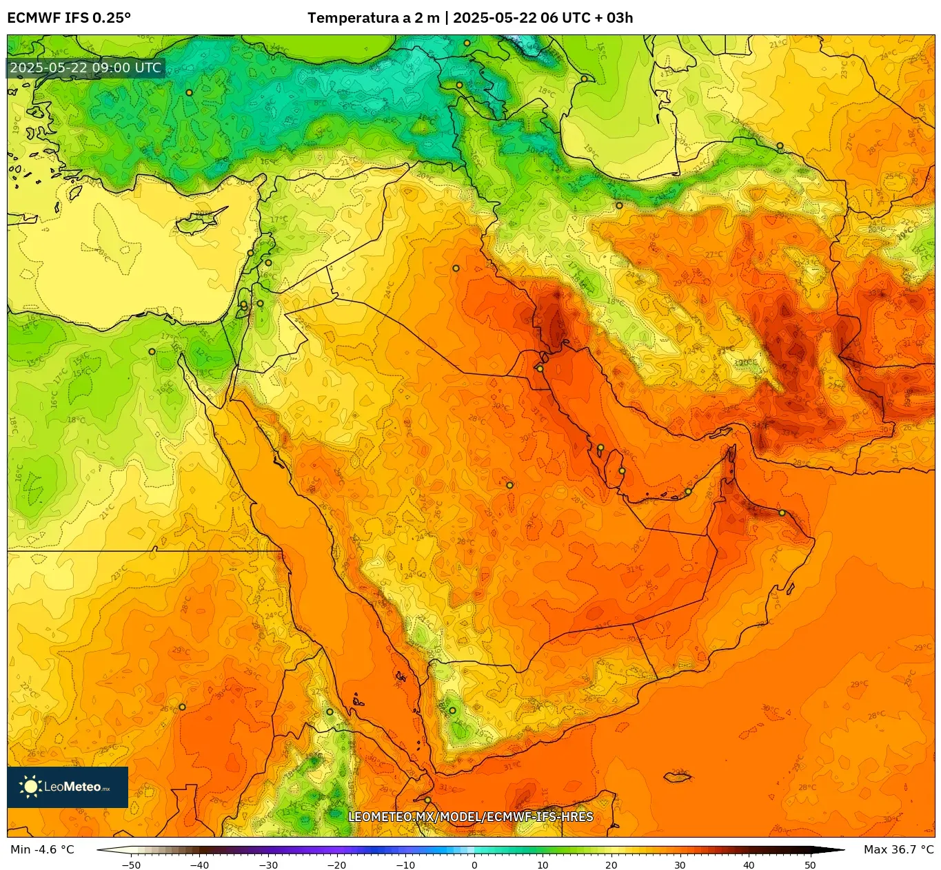 ECMWF IFS 0.25° model - Oriente Medio, Temperatura a 2 m ECMWF IFS 0.25° model - Oriente Medio, Temperatura a 2 m