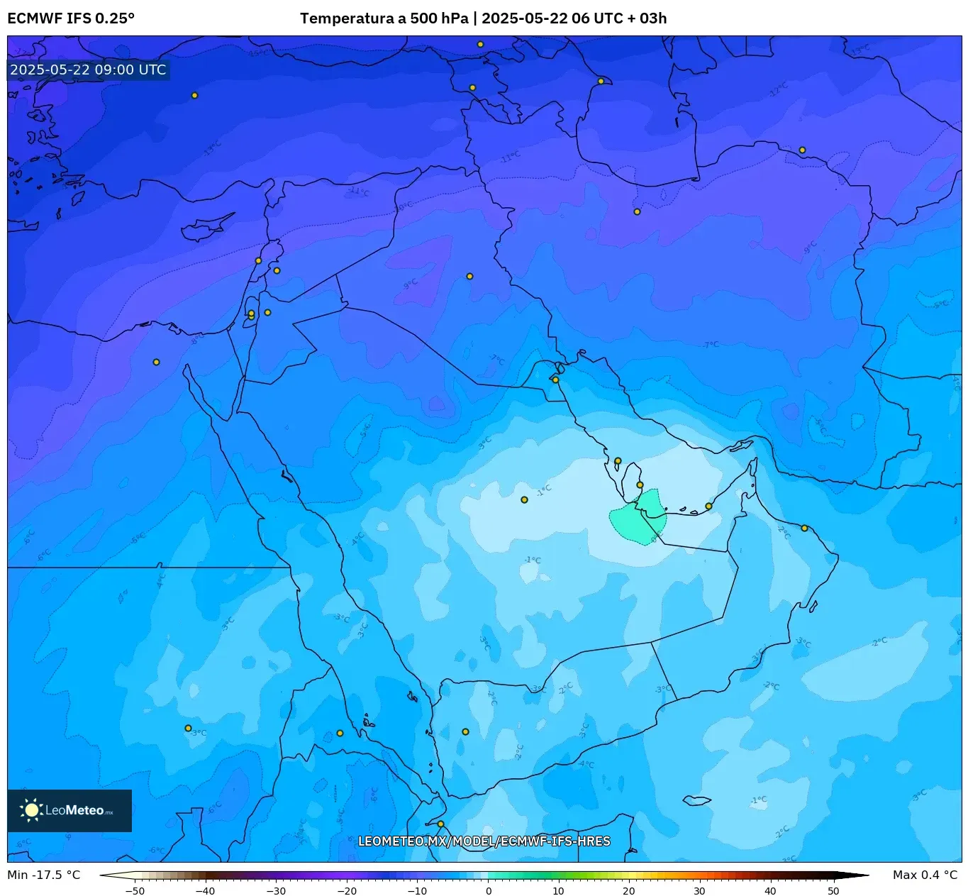 ECMWF IFS 0.25° model - Oriente Medio, Temperatura a 500 hPa ECMWF IFS 0.25° model - Oriente Medio, Temperatura a 500 hPa