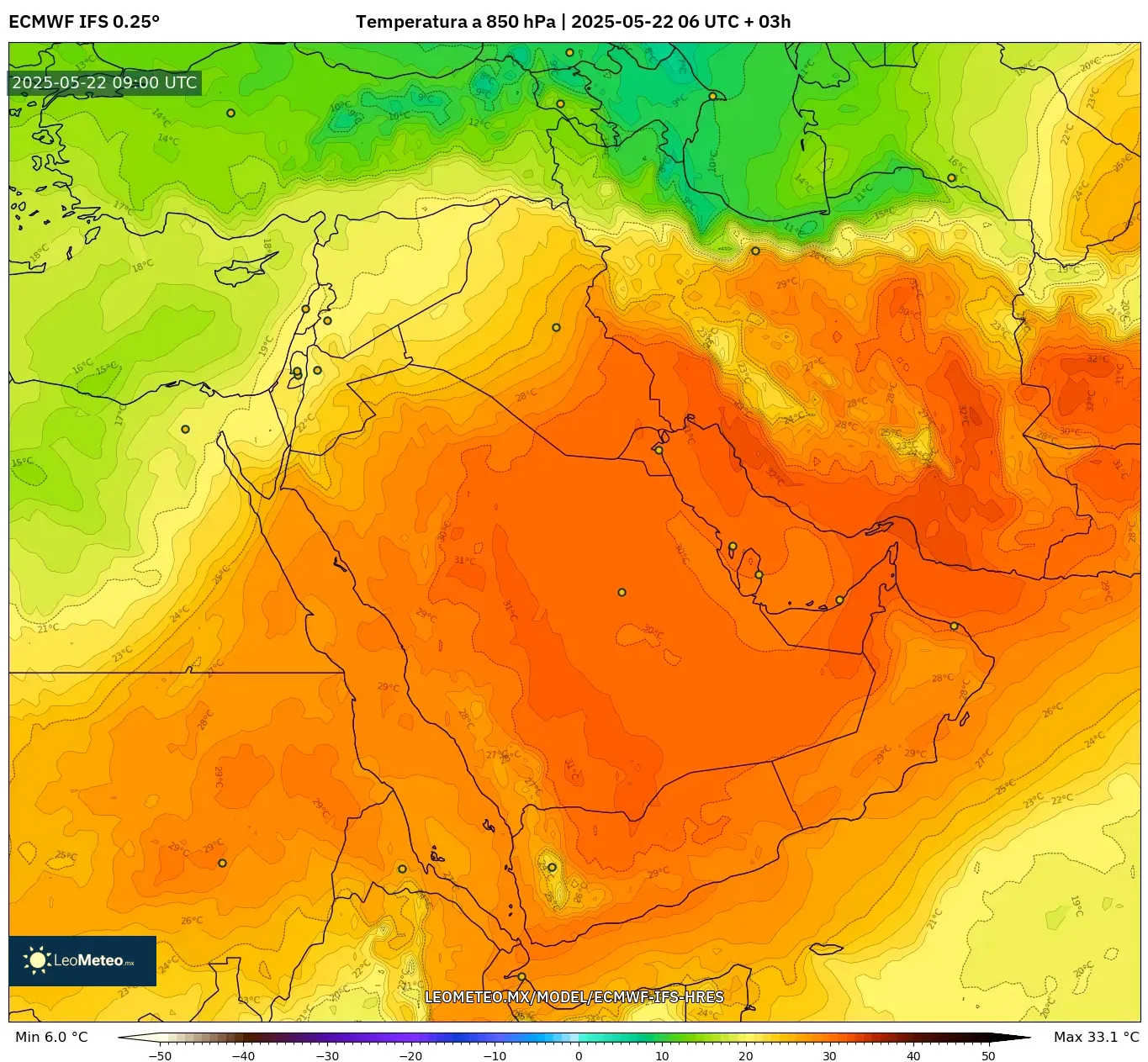 ECMWF IFS 0.25° model - Oriente Medio, Temperatura a 850 hPa ECMWF IFS 0.25° model - Oriente Medio, Temperatura a 850 hPa