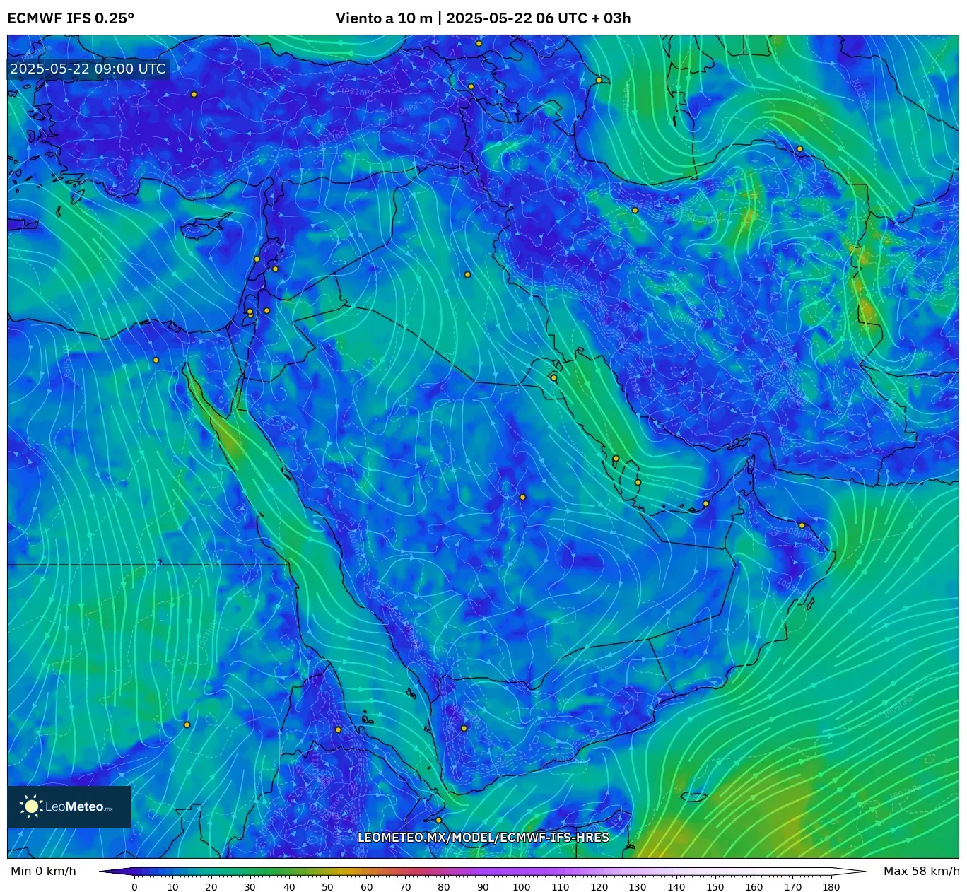 ECMWF IFS 0.25° model - Oriente Medio, Viento a 10 m ECMWF IFS 0.25° model - Oriente Medio, Viento a 10 m