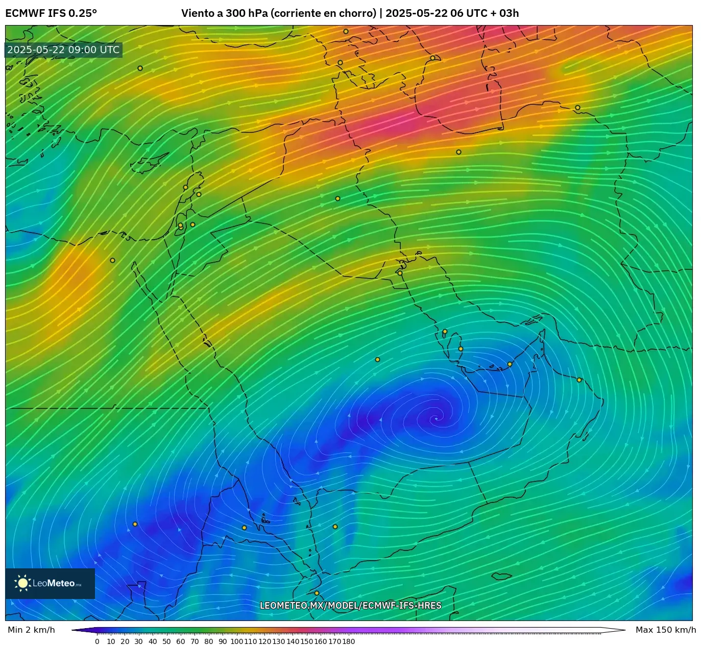 ECMWF IFS 0.25° model - Oriente Medio, Viento a 300 hPa (corriente en chorro) ECMWF IFS 0.25° model - Oriente Medio, Viento a 300 hPa (corriente en chorro)