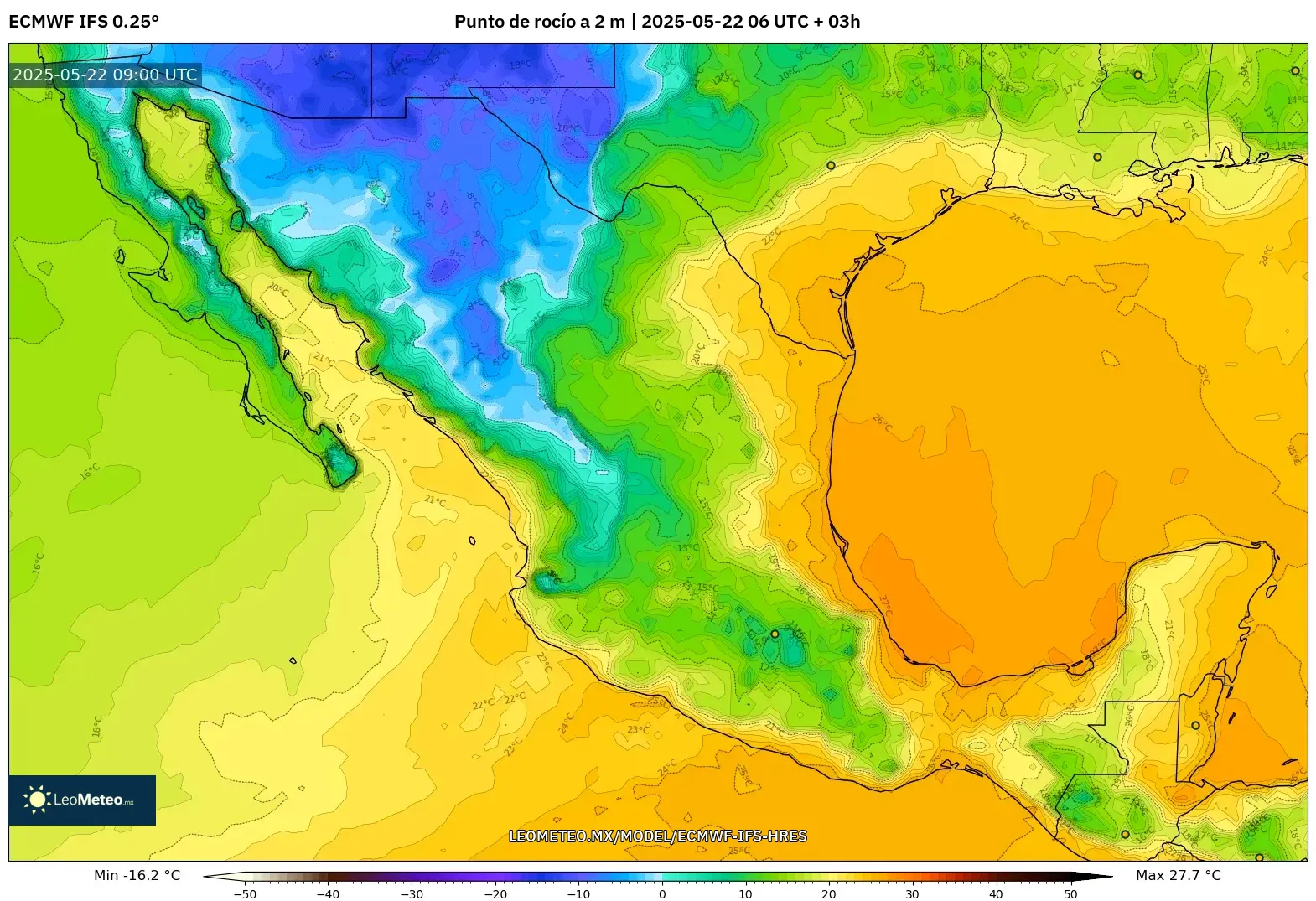 ECMWF IFS 0.25° model - México, Punto de rocío a 2 m ECMWF IFS 0.25° model - México, Punto de rocío a 2 m
