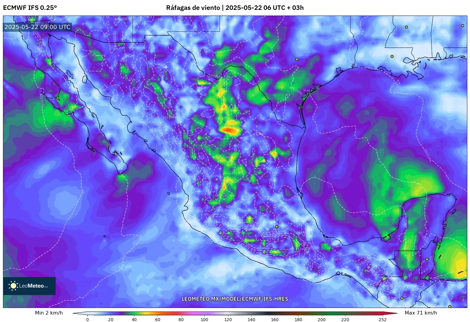 ECMWF IFS 0.25° model - México, Ráfagas de viento ECMWF IFS 0.25° model - México, Ráfagas de viento
