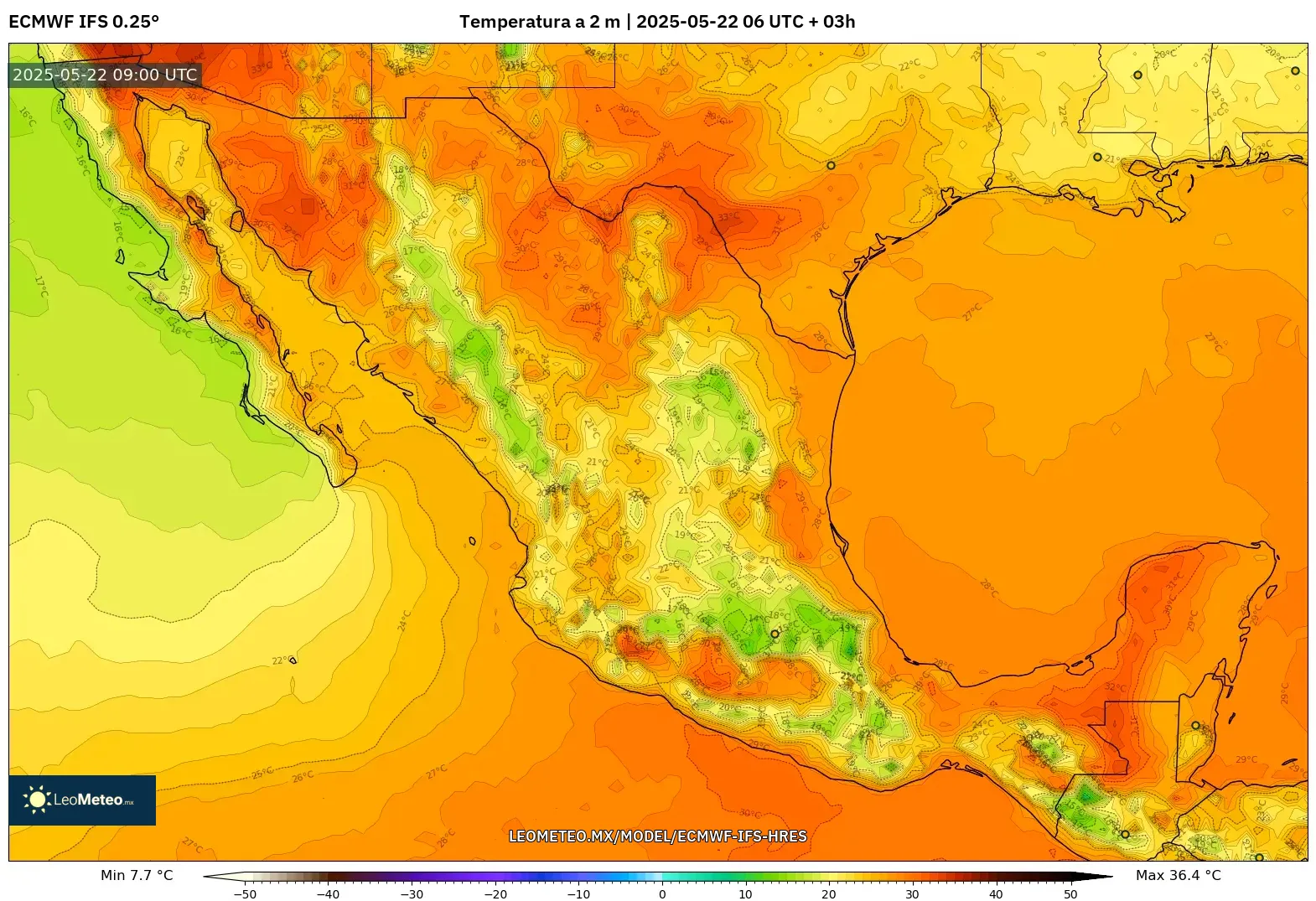 ECMWF IFS 0.25° model - México, Temperatura a 2 m ECMWF IFS 0.25° model - México, Temperatura a 2 m