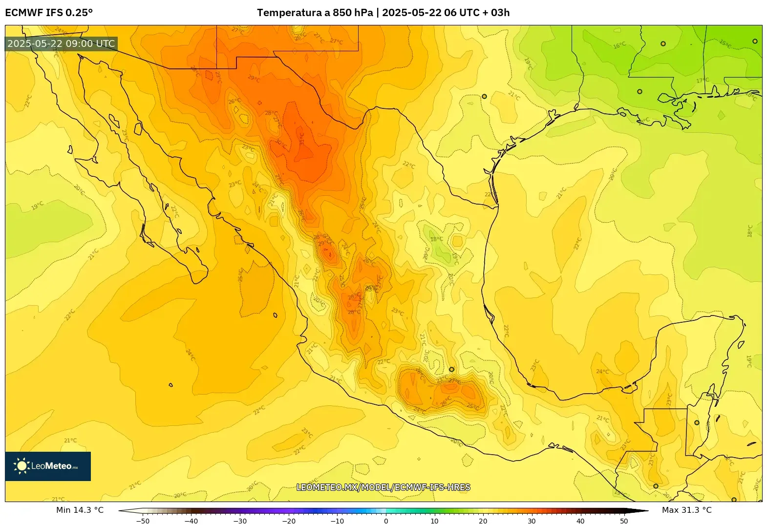 ECMWF IFS 0.25° model - México, Temperatura a 850 hPa ECMWF IFS 0.25° model - México, Temperatura a 850 hPa