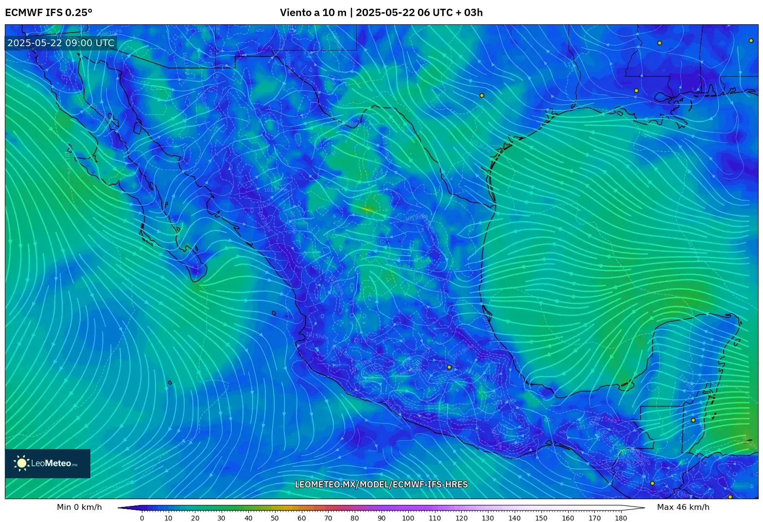 ECMWF IFS 0.25° model - México, Viento a 10 m ECMWF IFS 0.25° model - México, Viento a 10 m
