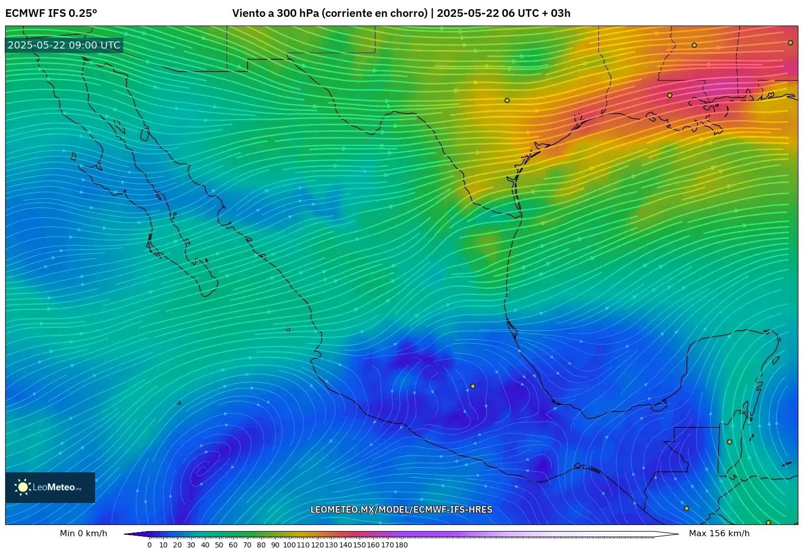 ECMWF IFS 0.25° model - México, Viento a 300 hPa (corriente en chorro) ECMWF IFS 0.25° model - México, Viento a 300 hPa (corriente en chorro)