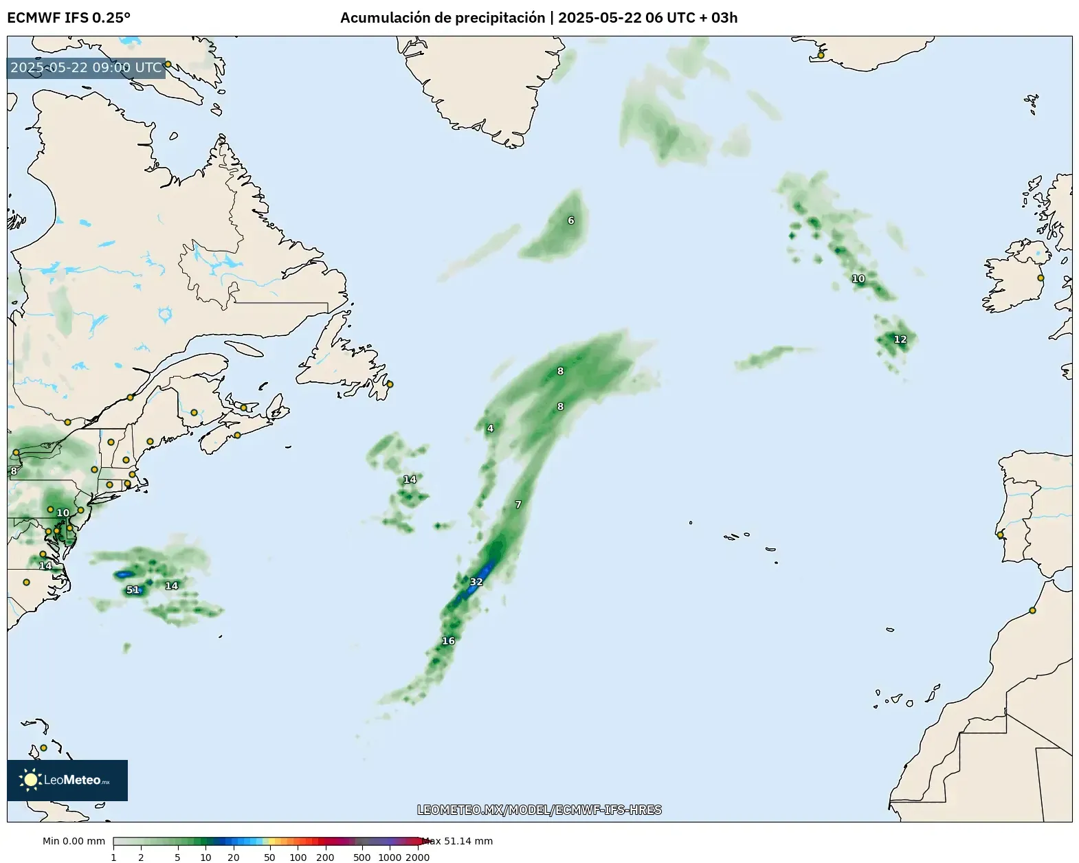 ECMWF IFS 0.25° model - Norte Atlántico, Acumulación de precipitación ECMWF IFS 0.25° model - Norte Atlántico, Acumulación de precipitación