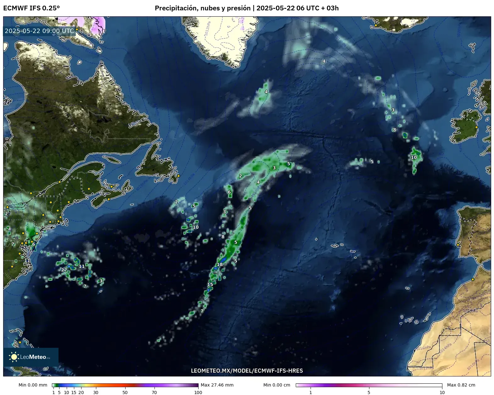 ECMWF IFS 0.25° model - Norte Atlántico, Precipitación, nubes y presión ECMWF IFS 0.25° model - Norte Atlántico, Precipitación, nubes y presión
