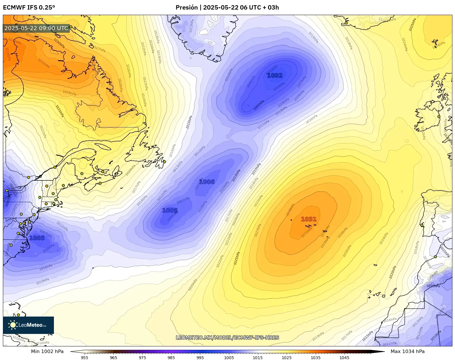 ECMWF IFS 0.25° model - Norte Atlántico, Presión ECMWF IFS 0.25° model - Norte Atlántico, Presión