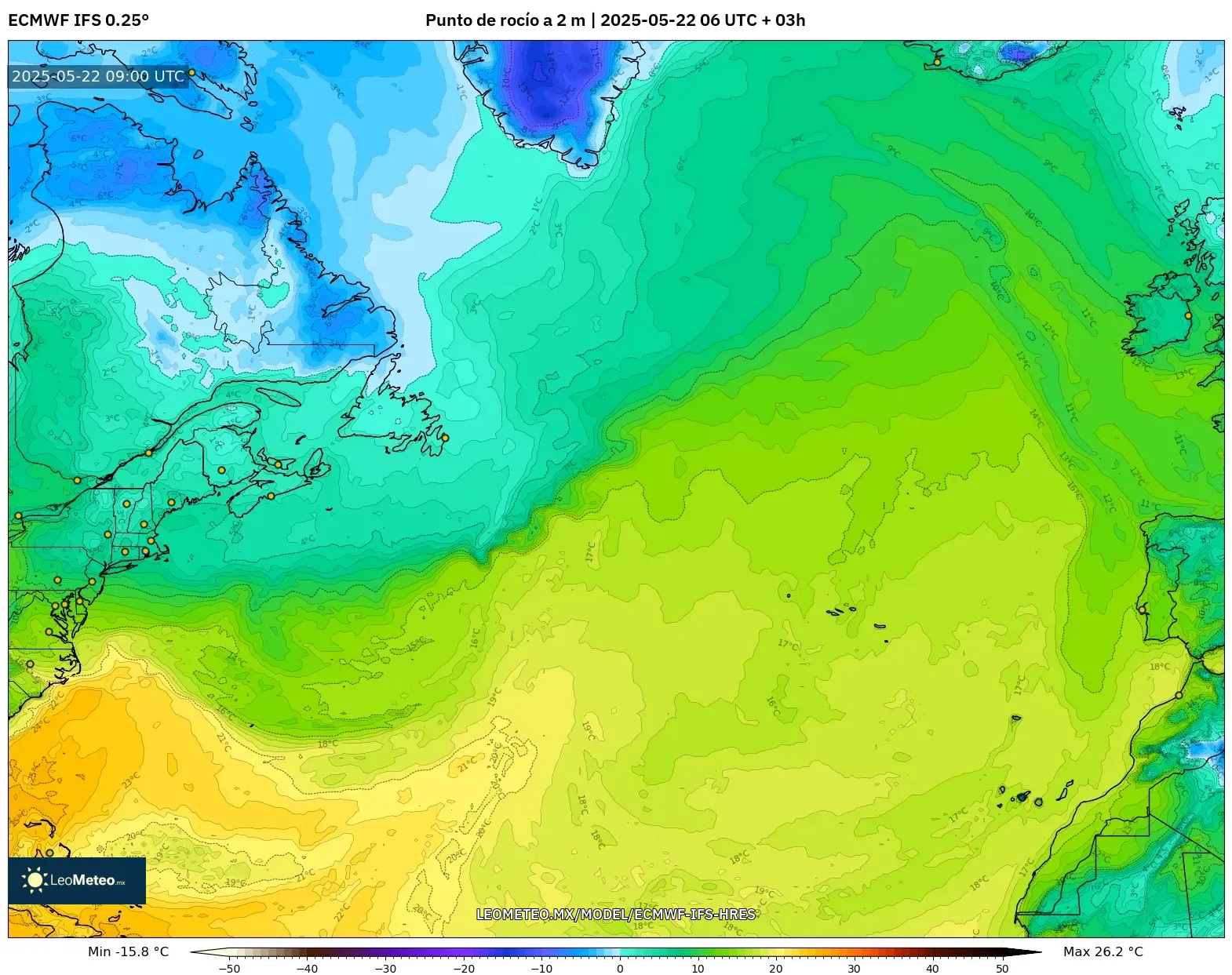 ECMWF IFS 0.25° model - Norte Atlántico, Punto de rocío a 2 m ECMWF IFS 0.25° model - Norte Atlántico, Punto de rocío a 2 m