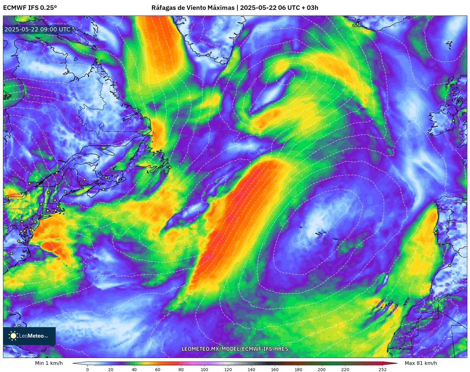 ECMWF IFS 0.25° model - Norte Atlántico, Ráfagas de Viento Máximas ECMWF IFS 0.25° model - Norte Atlántico, Ráfagas de Viento Máximas