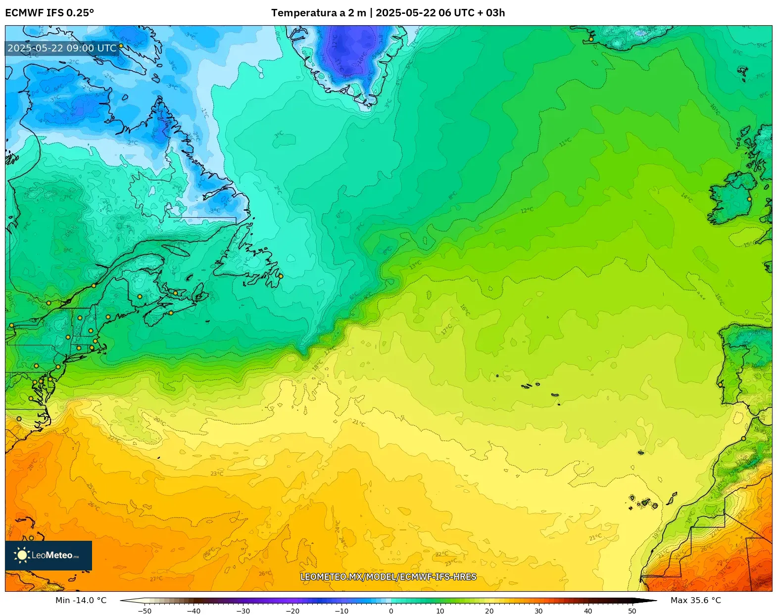 ECMWF IFS 0.25° model - Norte Atlántico, Temperatura a 2 m ECMWF IFS 0.25° model - Norte Atlántico, Temperatura a 2 m